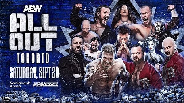 A promotional graphic for AEW All Out featuring multiple wrestlers, highlighted against a blue star backdrop with the event details.