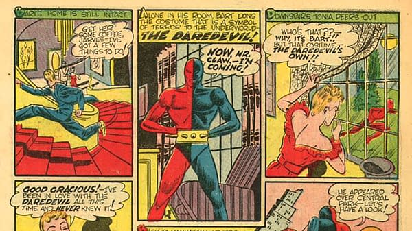 Silver Streak Comics #7 (Lev Gleason, 1941). A colorful comic page featuring a character in a red and blue costume with the text, 'THE DAREDEVIL!' The panel shows the character preparing for action while another character expresses surprise at their identity.