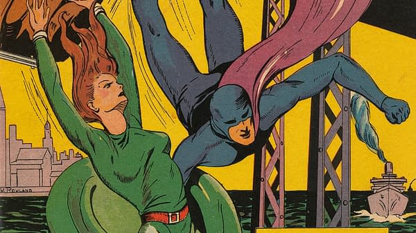 A vibrant comic book illustration featuring a superhero in a blue costume and cape, leaping through the air to save a woman with long red hair dressed in green. The background shows a colorful city skyline and a ship on the water, suggesting an action-packed scene.