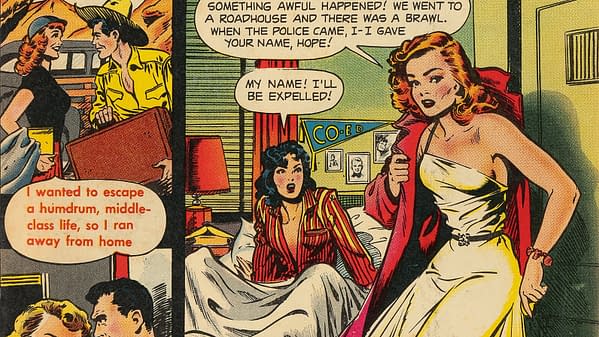 A colorful comic book illustration featuring two women and a man in a domestic setting. One woman appears alarmed, while the other is dressed elegantly and speaks confidently, suggesting a dramatic situation involving a roadhouse brawl.