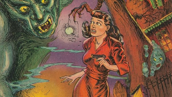 A vintage comic book illustration featuring a frightened woman in a red dress holding a gun, facing a green, eerie ghost with glowing yellow eyes. The background includes spooky elements like trees and ghostly figures, evoking a haunting atmosphere.
