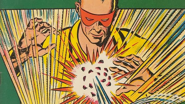 A vibrant cartoon illustration featuring a masked figure in a yellow outfit, performing a mystical gesture with explosive energy erupting from their hands against a bright background.