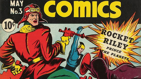 Illustration of a comic book cover featuring a heroic character in a red outfit and goggles, brandishing a weapon, with the title 'Rocket Riley' highlighted in a burst of color. The cover also includes the words 'COMICS' and the issue number.