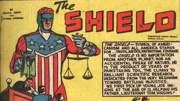 An illustration of The Shield, a superhero dressed in patriotic colors with a star-patterned cape, holding scales of justice in one hand. The background features bold text that emphasizes his role as a symbol of truth, justice, and patriotism.