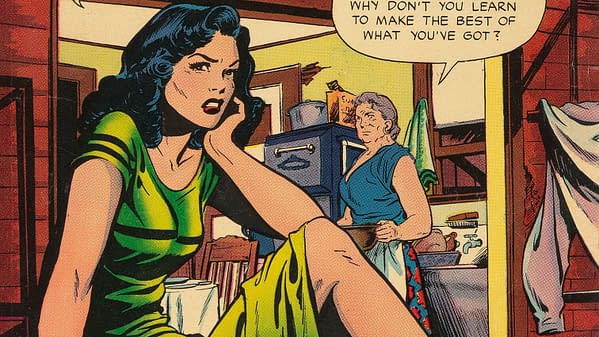 A colorful comic illustration features a frustrated woman in a green dress, sitting with her hand on her chin. In the background, an older woman in a blue dress looks on, expressing concern.