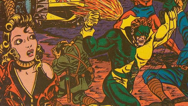 A colorful comic book illustration featuring a heroic figure in a green and yellow costume wielding a weapon, surrounded by various characters, including a shocked woman and a soldier. The scene conveys action and drama, typical of wartime comic themes.