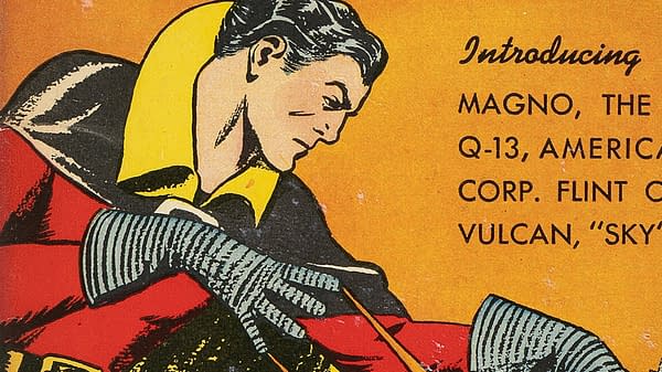 An illustration from a comic book featuring a superhero named Magno, who is dressed in a red and black costume with a distinctive yellow collar. He is portrayed with a focused expression, wearing striped gloves, and preparing for action against a bright orange background.