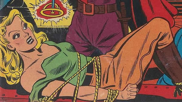 An illustration from 'America's Best Comics 18' depicts a blonde woman with a shocked expression, bound with ropes, while a man in a purple outfit stands beside her. The background includes colorful, dynamic elements suggestive of a dramatic scene.