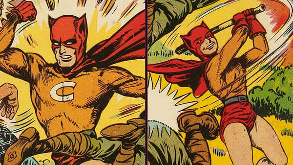 This cartoon illustration features the superhero Cat-Man, characterized by his red mask and cape, engaging in action-packed combat against a foe, with dynamic lines depicting movement and intensity. The vibrant colors add to the excitement of the scene.