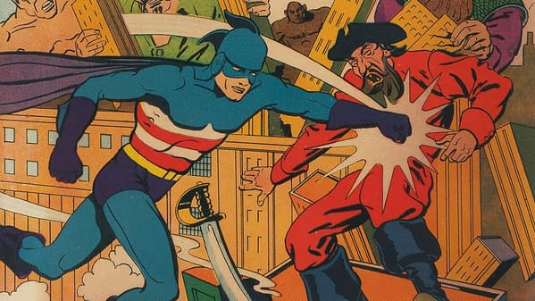 A colorful comic book illustration featuring the American Eagle, a superhero in a blue costume with a red and white striped chest, engaged in a dynamic fight against a villain in a red outfit. The background includes urban elements and onlookers, creating a sense of action and excitement.