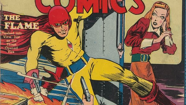 A colorful comic book cover featuring a superhero, The Flame, in a yellow costume with a red mask, dodging bullets while aiming a gun. A woman looks on in surprise.