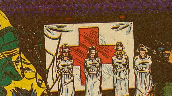 Illustration from the cover of Zip Comics #33, featuring four female nurses dressed in white uniforms standing in front of a large red cross symbol.