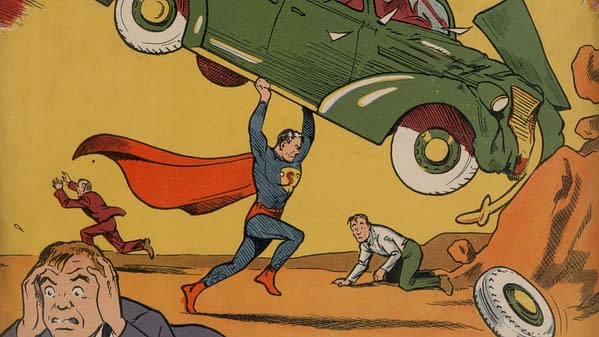 Action Comics #1 (DC Comics, 1938), A comic book cover featuring Superman lifting a green car above his head, with a dramatic background. Two men nearby express fear and surprise at the scene.