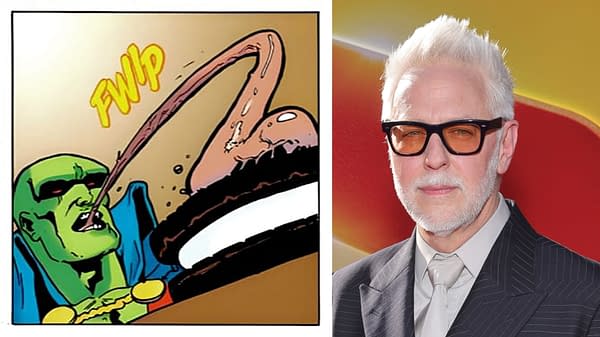 Left: Martian Manhunter eats a Choco. Right: James Gunn