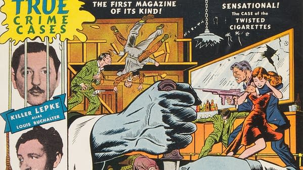 An illustration from a vintage comic titled 'True Crime Cases', depicting a chaotic scene with a large hand gripping a gun, characters in dynamic poses, and a background of a bar. The artwork showcases a mix of crime and drama themes with vibrant colors.