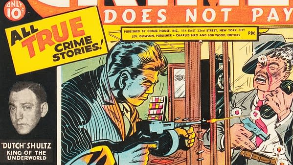 A vintage comic book cover featuring a dramatic scene of a man aiming a gun while another man appears to be wounded. A portrait of Dutch Shultz is in the corner, along with bold text proclaiming 'ALL TRUE CRIME STORIES!'