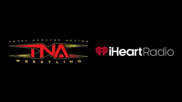 The logo for TNA Wrestling, featuring bold red letters and yellow accents, is displayed alongside the iHeartRadio logo, which includes a red heart symbol. Both logos are set against a black background.