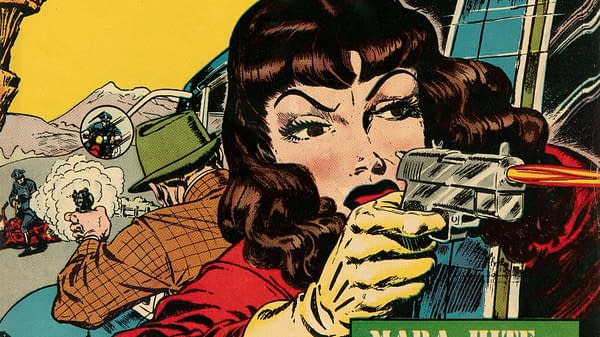 A vintage comic illustration depicting a fierce female character aiming a gun, with a background of a chaotic scene featuring a male figure also holding a weapon. The art style reflects the bold and dramatic aesthetics of classic gangster stories.