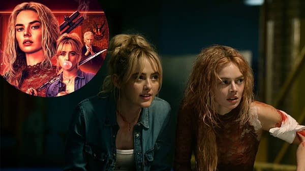 A scene from the movie 'Ready Or Not 2' featuring Kathryn Newton and Samara Weaving, both capturing dramatic expressions as they appear engaged and tense. The background hints at a suspenseful atmosphere.