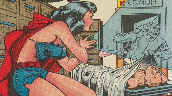 A comic illustration featuring a woman in a revealing outfit crouching in shock, holding a small object, as a figure in a morgue doorway points a gun. The scene is filled with suspense and dramatic colors typical of vintage comics.