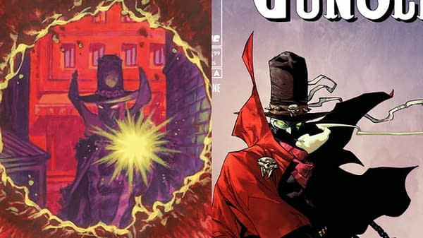 A split image featuring two illustrations of Gunslinger Spawn. On the left, a figure in a dramatic pose emits a bright burst of light, surrounded by vibrant reds and shadows. On the right, the character appears in a detailed, more polished design with a distinctive hat and red cloak, looking menacing yet stylish.