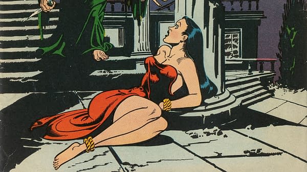 An illustration from Eerie Comics featuring a woman in a revealing red dress, sitting on steps, looking up towards a cloaked figure holding a knife. The scene is dark and atmospheric, evoking a sense of horror.