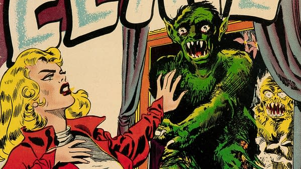 A vintage comic cover featuring a shocked blonde woman in a red jacket facing a menacing green creature with sharp teeth, while another monstrous figure lurks in the background. The title 'Eerie' is prominently displayed at the top.