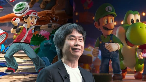 A cartoon-style illustration featuring Shigeru Miyamoto, the creator of Mario, smiling in the foreground, with Luigi, Yoshi, and Toad in the background from 'The Super Mario Galaxy Movie'. The image presents a vibrant and playful scene, highlighting familiar Nintendo characters.