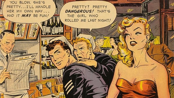 A colorful illustration from a wartime romance comic, featuring characters in a bar setting. Two men are engaged in conversation, one with a surprised expression and the other pointing towards a glamorous woman in a strapless dress.