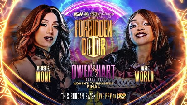 Promotional wrestling poster for Forbidden Door featuring Mercedes Moné and Maya World facing off in the Women's Tournament Final.
