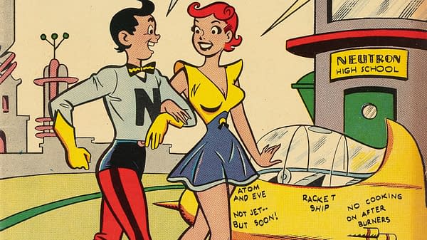 Vintage Dan DeCarlo science fiction cartoon showing a smiling young couple in futuristic outfits beside a sleek flying car outside Neutron High School.