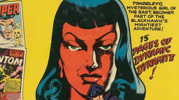 Vintage comic-book cover art for Military Comics #14 features a close-up of Tondeleyo, a mysterious woman with dark hair and a stern expression against a bright yellow background. Partial Blackhawk comic panels appear along the left edge.