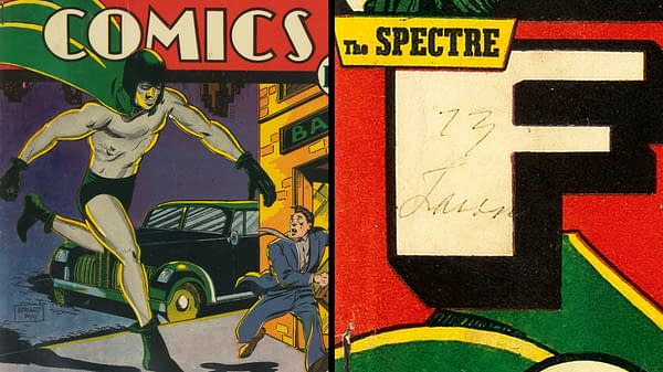 Vintage DC comic book cover art from More Fun Comics #67, showing the Spectre striding across a city street beside a car as a startled man recoils. The right side is a close-up of the issue's cover title and handwritten pedigree markings.