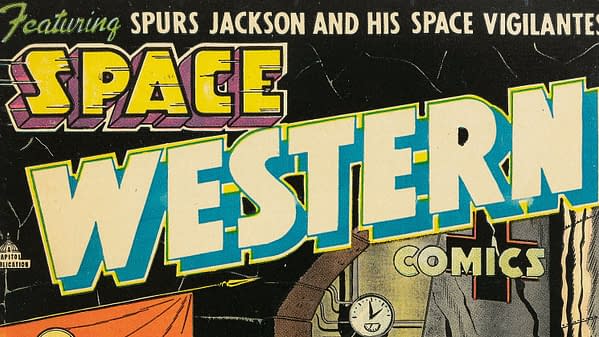 Close-up of a vintage Space Western comic cover featuring the title art for