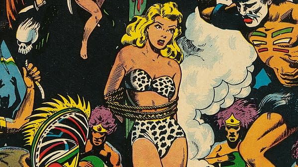 Vintage comic-book cover art for Terrors of the Jungle #17 showing a blonde woman in a leopard-print outfit surrounded by stylized jungle characters and smoke. The scene has a pulpy, dramatic adventure feel.
