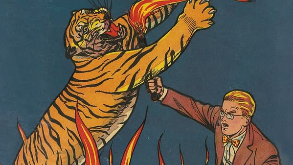 Vintage comic-book cover art from Young King Cole shows a man in glasses confronting a leaping tiger against a dark blue background.