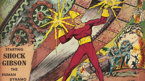 Speed Comics #1 (Brookwood, 1939) featured image, tentatively credited to Bob Powell. Shock Gibson tears through machinery as soldiers attack