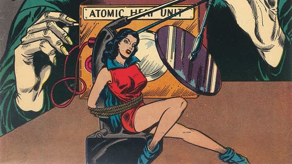 Vintage comic-book illustration of Doll Girl tied to a chair in an atomic-age machine, with oversized hands looming behind her.
