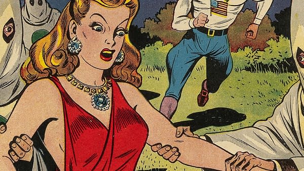 Vintage comic book cover art from Fighting Yank #23 showing a startled red-haired woman in a red dress as figures rush around her. The scene suggests a chaotic action moment from the classic superhero comic.