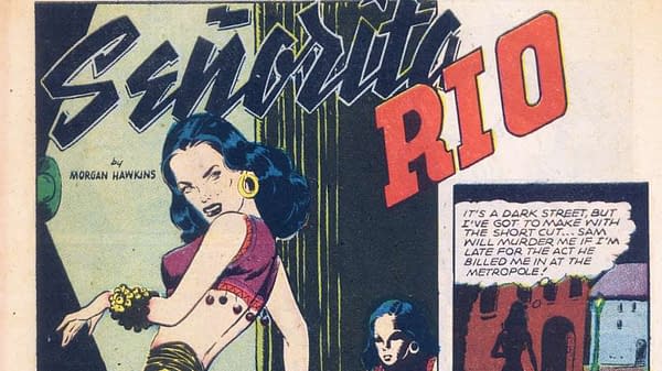Vintage comic cover art featuring Señorita Rio, a dark-haired woman in a red outfit, with the title