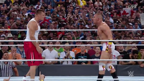 NFL Superstar Rob Gronkowski in the ring after getting involved in Wrestlemania 33