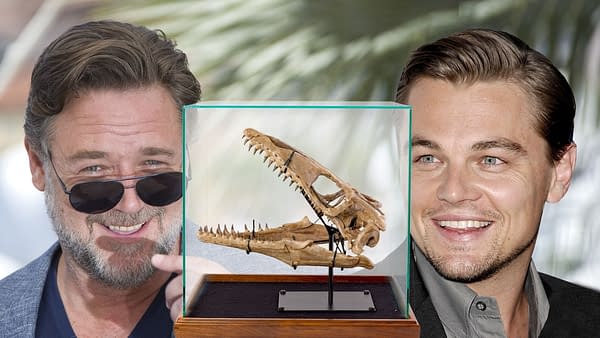 That Time Leonardo DiCaprio Sold a Dinosaur Skull to Russell Crowe - Editorial credit Russell Crowe: BAKOUNINE / Shutterstock.com, credit Leonardo DiCaprio: Everett Collection / Shutterstock.com