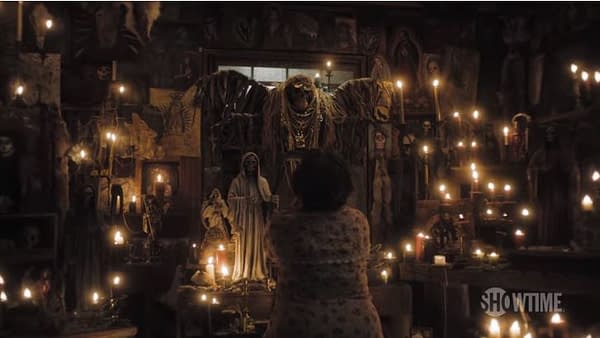 A believer prays to Santa Muerte on Penny Dreadful: City of Angels, courtesy of Showtime.