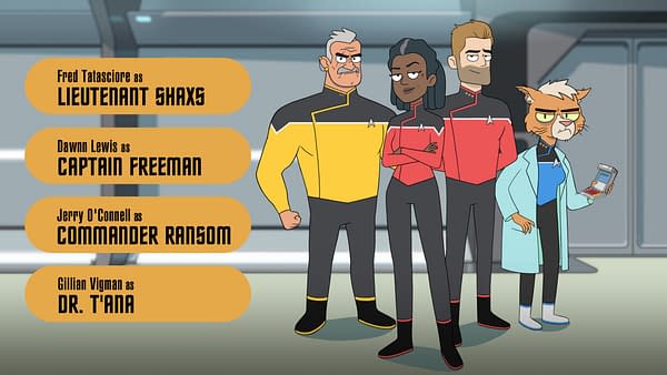Pictured (l-r): Fred Tatasciore as Lieutenant Shaxs; Dawnn Lewis as Captain Freeman; Jerry O'Connell as Commander Ransom; Gillian Vigman as Dr. T'ana; of the CBS All Access series STAR TREK: LOWER DECKS. ©2019 CBS Interactive, Inc. All Rights Reserved.