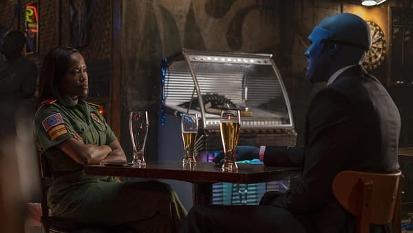 Angela and Dr. Manhattan meet again and for the first time on Watchmen (Image: HBO).