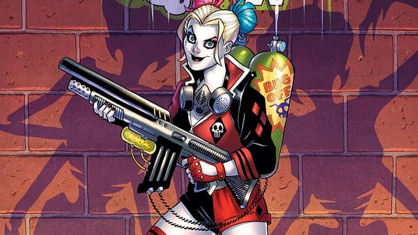 DC Comics' Harley Quinn, brandishing a big, big gun.