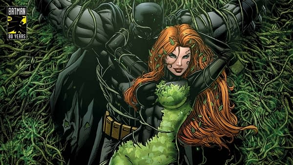 DC Comics' character Poison Ivy, having ensnared Batman in her trap.