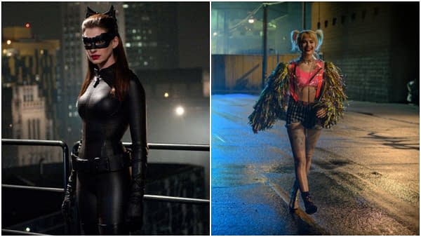 Anne Hathaway as Catwoman in The Dark Knight Rises (2012). Margot Robbie in Birds of Prey (2020). Images courtesy of Warner Bros.