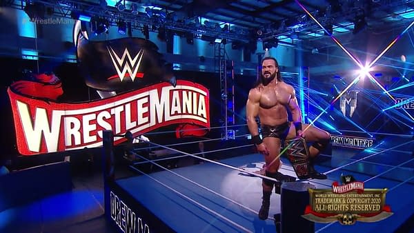 Drew McIntrye closes out WrestleMania 36 Night Two as WWE Champion before challenging Tyson Fury the next day, courtesy of WWE.