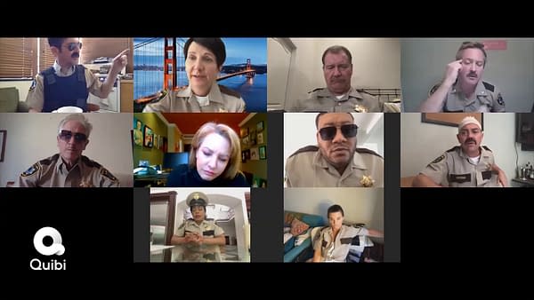 Nevada's Finest shows up for their online morning briefing on Reno 911!, courtesy of Quibi.
